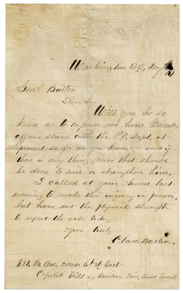 Clara Barton Autograph Letter Signed to General Benjamin Butler